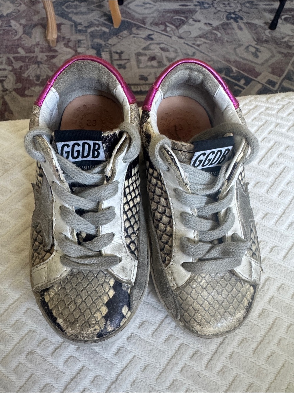 Golden Goose Kids Metallic Snake-Print Sneakers with Pink Heel Tab